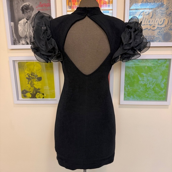 Vintage 80s Black Mini Dress w/ Heart Cutout + Puffy Organza Sleeves - Picture 2 of 7